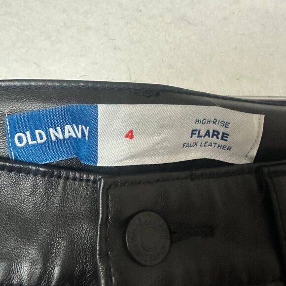 Old Navy black size 4 Hi-rise flare faux leather pants eco friendly vegan biker - Picture 2 of 4